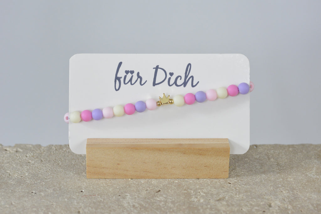 Kinderarmband Perlen bunt Kunststoff - blau/grün oder rosa/lila mit Einhorn/Krone oder Herz