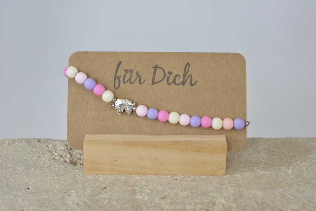 Kinderarmband Perlen bunt Kunststoff - blau/grün oder rosa/lila mit Einhorn/Krone oder Herz