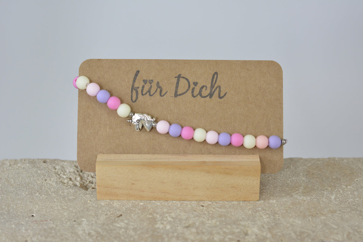 Kinderarmband Perlen bunt Kunststoff - blau/grün oder rosa/lila mit Einhorn/Krone oder Herz