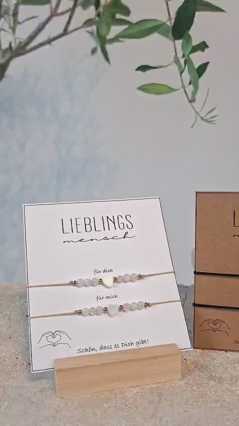 Lieblingsmensch Armband 2er Set aus Rosenquarz & Mondstein – Partnerarmbänder mit Herz – Edelstein Freundschaftsarmband – Geschenk für Fraue