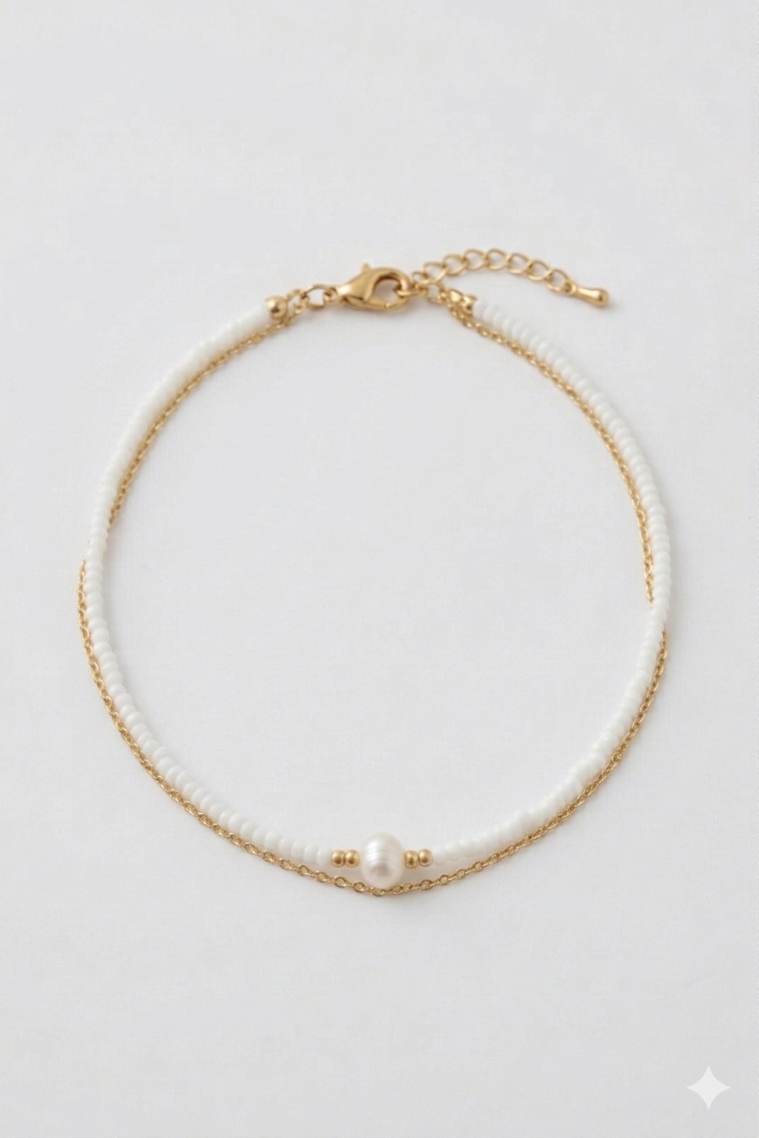 Fußkette in weiß-gold - Highlight ist eine Süßwasserperle