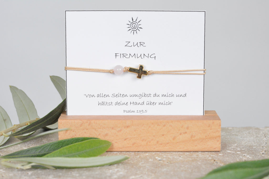 Zartes Nylonband oder Lederband mit Kreuz und Lava- oder Rosenquarzperle Geschenk für Kinder zur Erstkommunion, Konfirmation oder Firmung