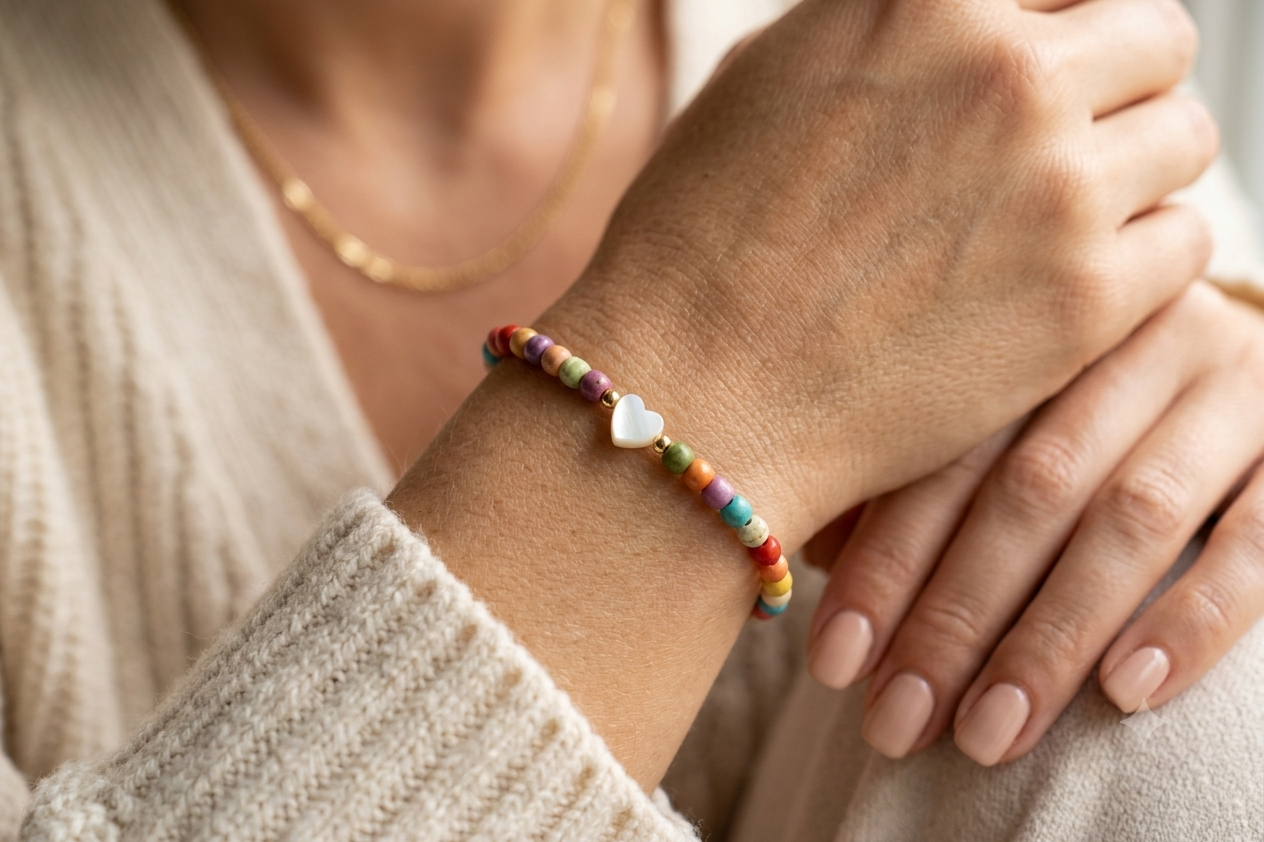 Sommerliches Armband mit bunten Steinperlen - Perlmuttherz als Highlight