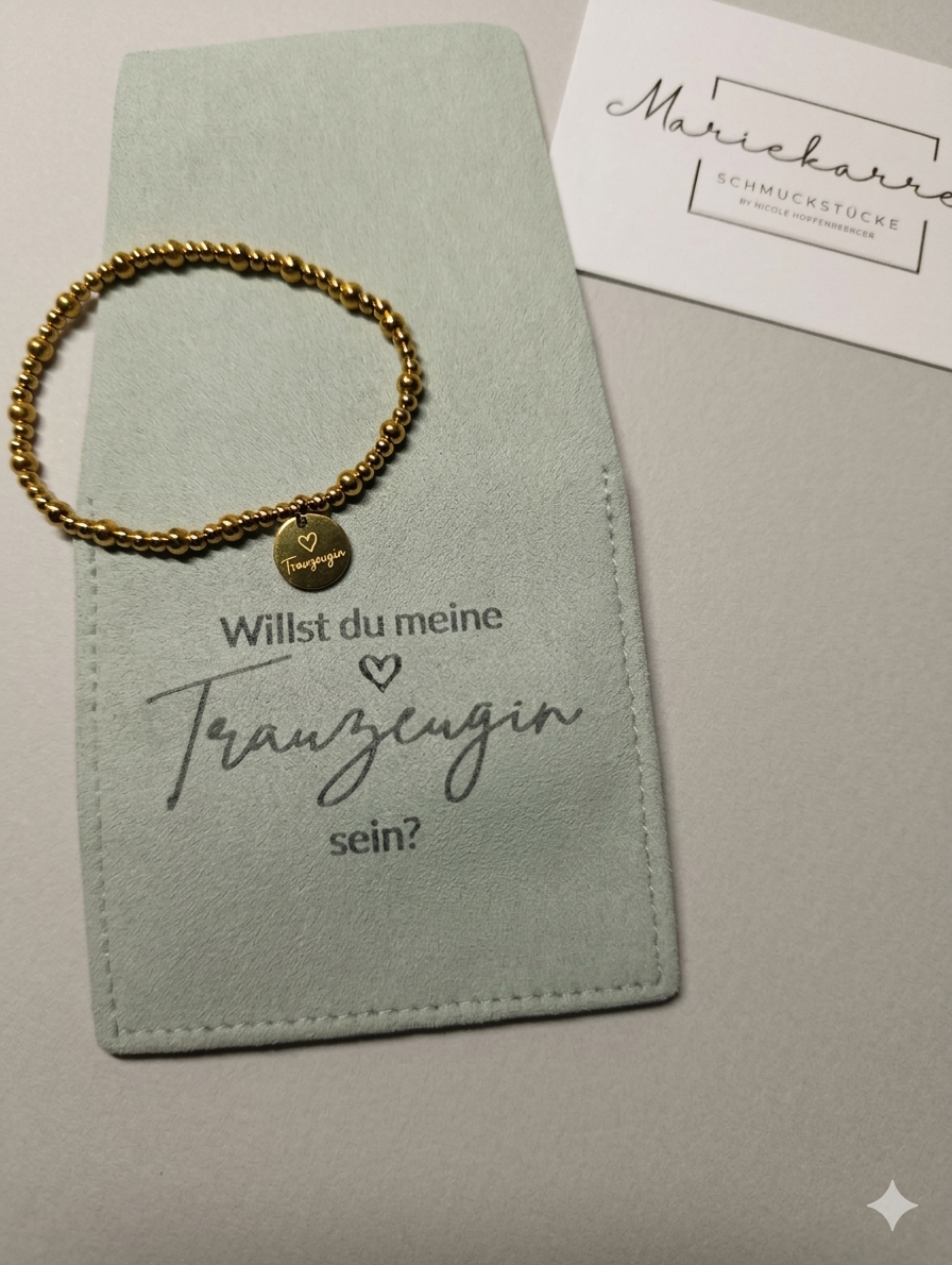 Süßwasserperlen Armband Trauzeugin fragen – Willst du meine Trauzeugin sein? Geschenkarmband mit Gravur-Plättchen, Perlenarmband Hochzeit