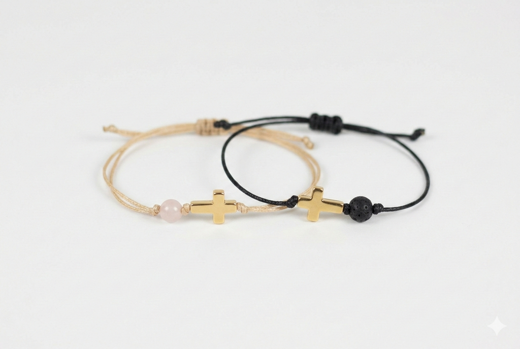 Zartes Nylonband oder Lederband mit Kreuz und Lava- oder Rosenquarzperle Geschenk für Kinder zur Erstkommunion, Konfirmation oder Firmung