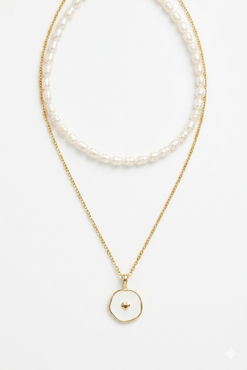 Layering-Halsketten-Set: Goldene Gliederkette mit Herz-Anhänger & Perlen-Choker