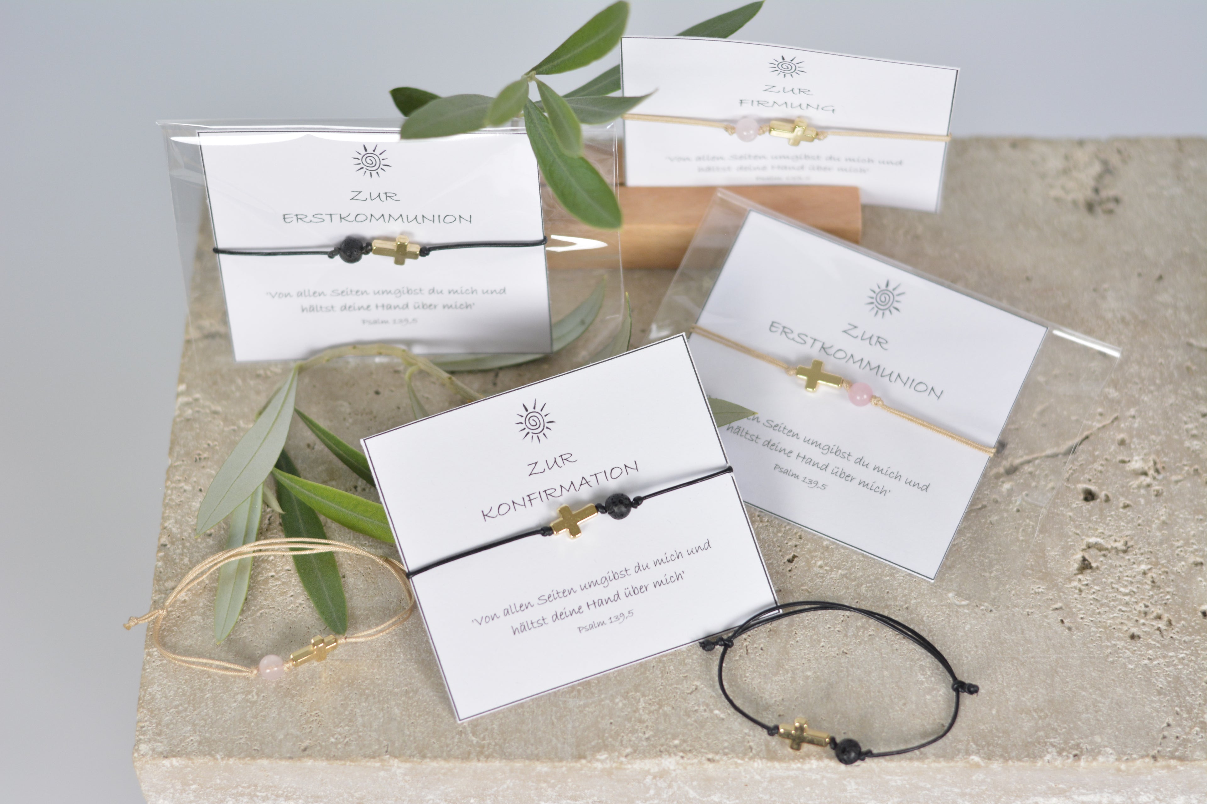 Zartes Nylonband oder Lederband mit Kreuz und Lava- oder Rosenquarzperle Geschenk für Kinder zur Erstkommunion, Konfirmation oder Firmung