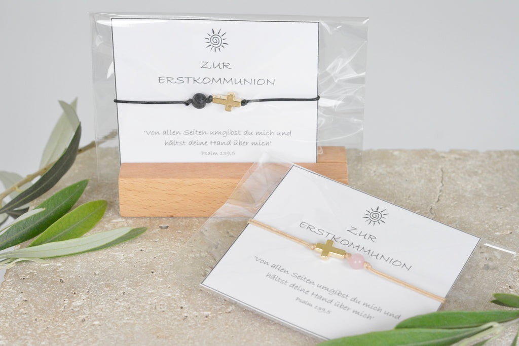 Zartes Nylonband oder Lederband mit Kreuz und Lava- oder Rosenquarzperle Geschenk für Kinder zur Erstkommunion, Konfirmation oder Firmung