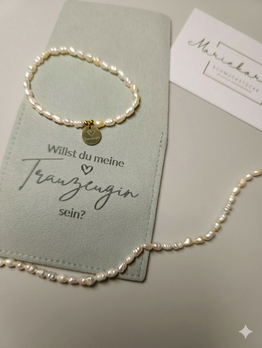 Süßwasserperlen Armband Trauzeugin fragen – Willst du meine Trauzeugin sein? Geschenkarmband mit Gravur-Plättchen, Perlenarmband Hochzeit
