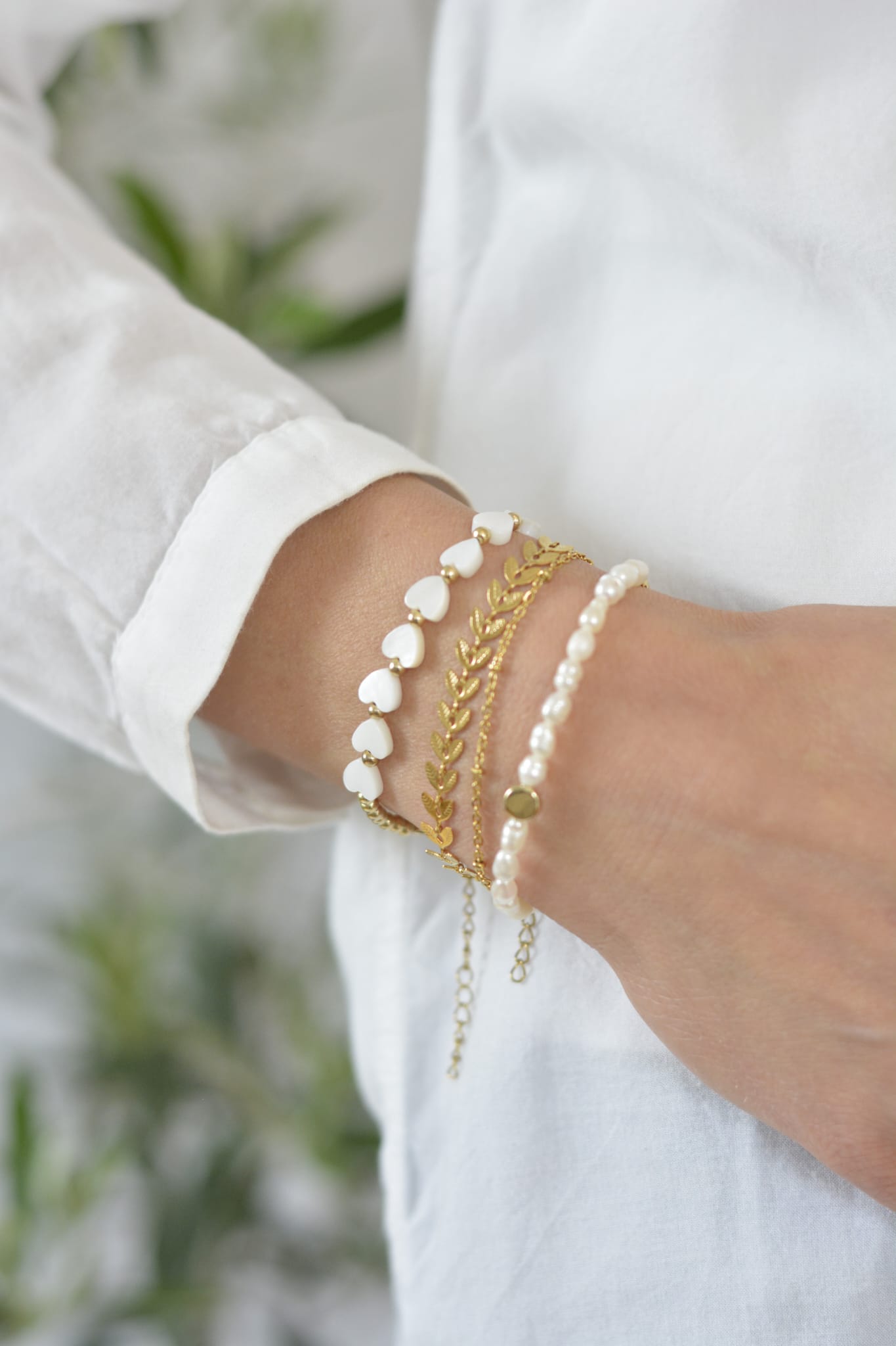 Set 'Plotterkrams'- modernes Armbandset floral Edelstahl Süßwasserperlen