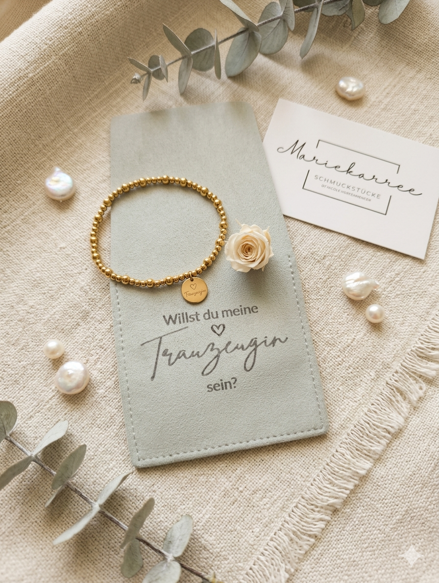 Süßwasserperlen Armband Trauzeugin fragen – Willst du meine Trauzeugin sein? Geschenkarmband mit Gravur-Plättchen, Perlenarmband Hochzeit