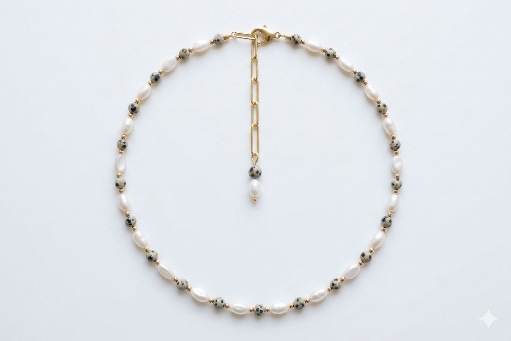 Handgefertigtes Schmuckset: Kette, Armband & Ohrringe mit Dalmatiner Jaspis & Perlmutt