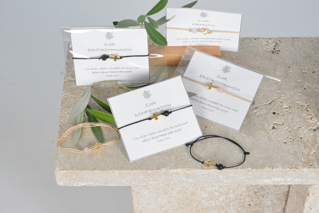 Zartes Nylonband oder Lederband mit Kreuz und Lava- oder Rosenquarzperle Geschenk für Kinder zur Erstkommunion, Konfirmation oder Firmung