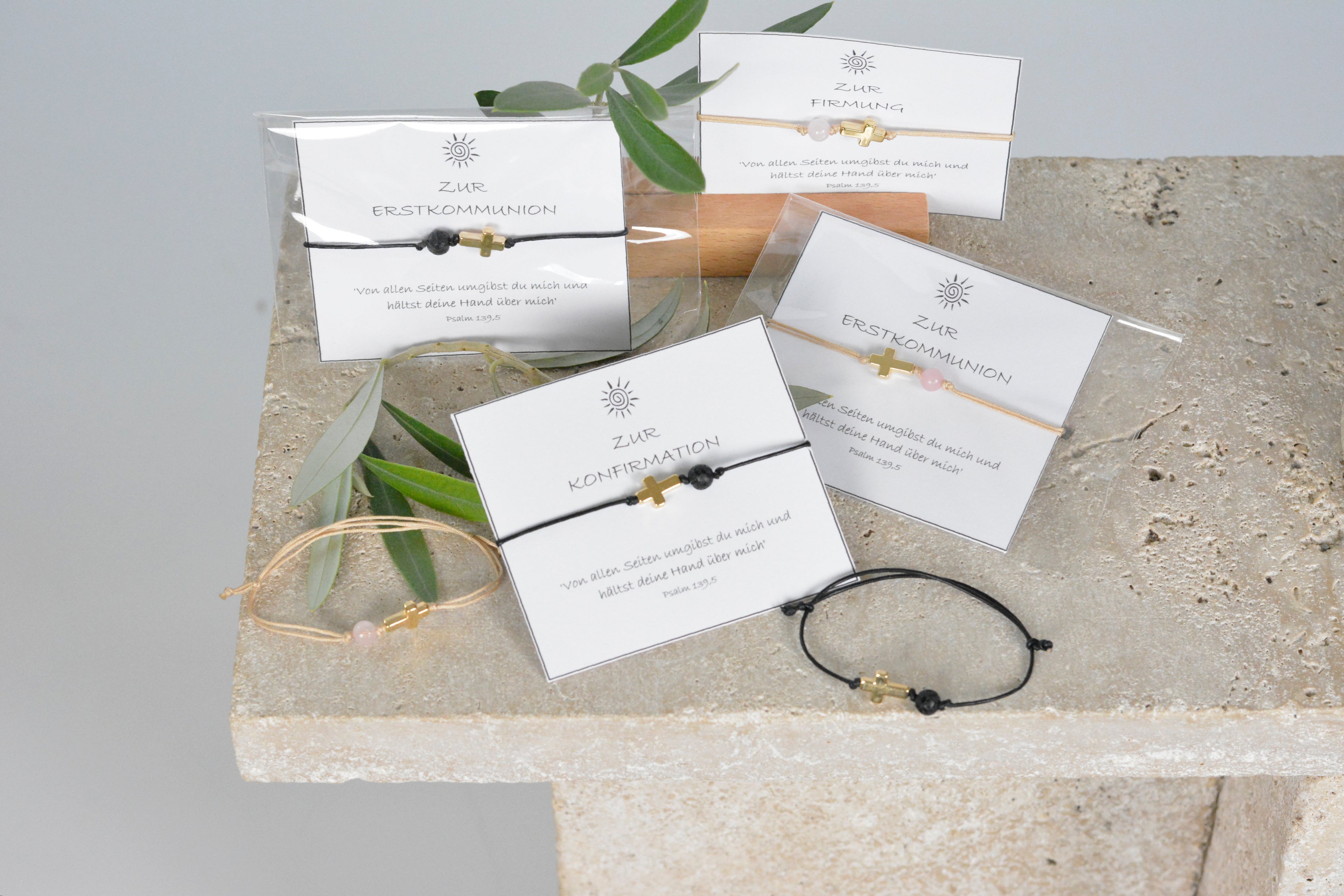 Zartes Nylonband oder Lederband mit Kreuz und Lava- oder Rosenquarzperle Geschenk für Kinder zur Erstkommunion, Konfirmation oder Firmung