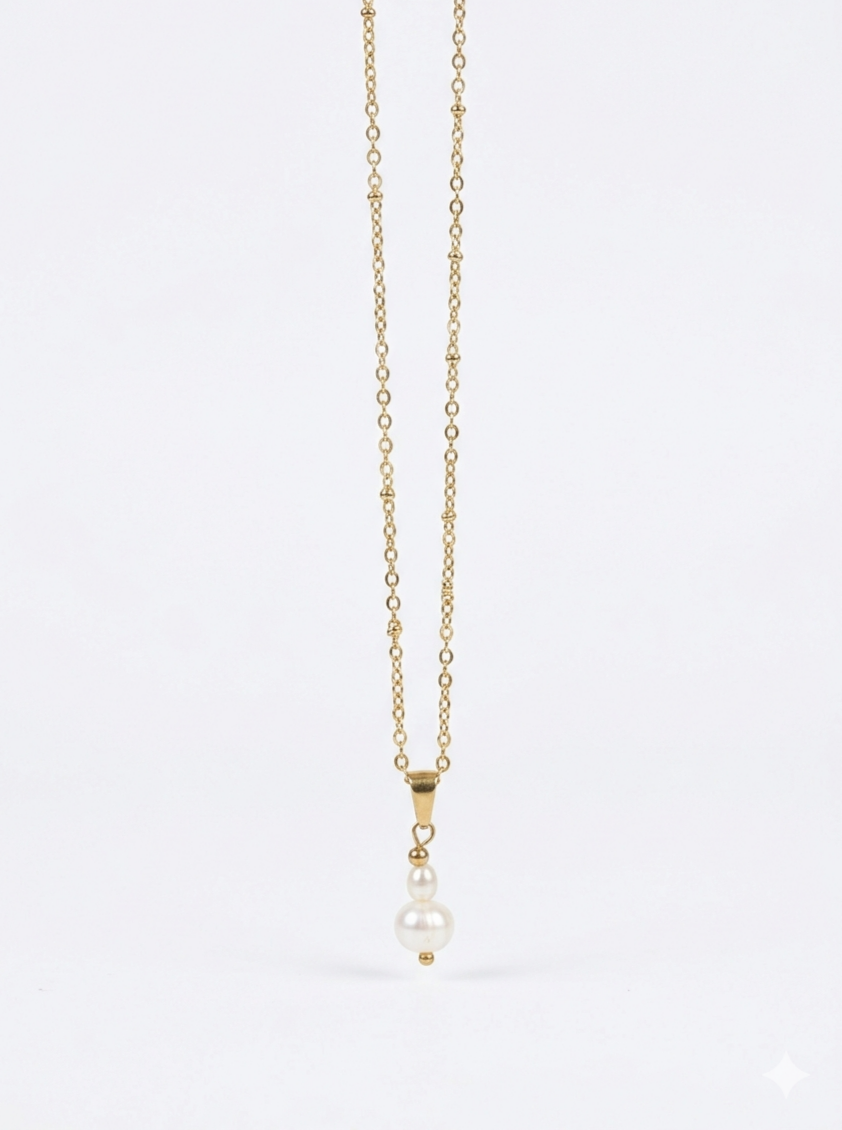 Duo-Pearl Necklace – Zarte Goldkette mit doppeltem Perlen-Drop