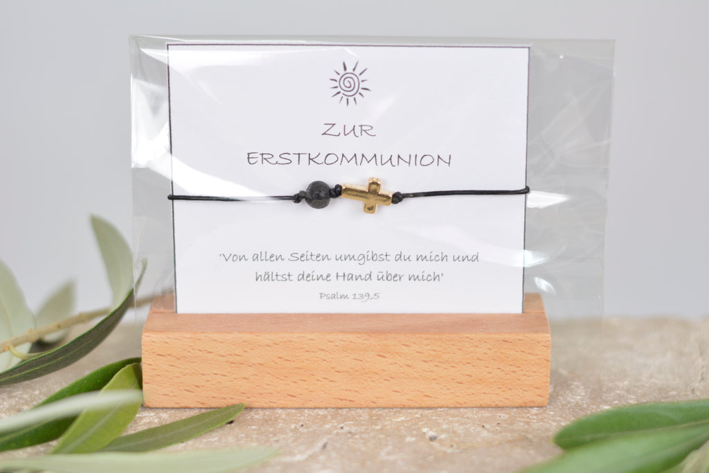 Zartes Nylonband oder Lederband mit Kreuz und Lava- oder Rosenquarzperle Geschenk für Kinder zur Erstkommunion, Konfirmation oder Firmung