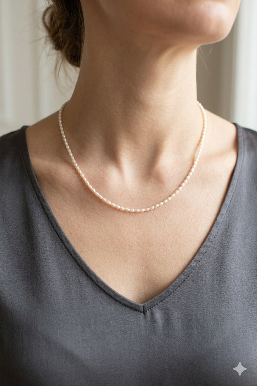 Minimalistische Choker-Kette aus feinen weißen Süßwasser-Reisperlen